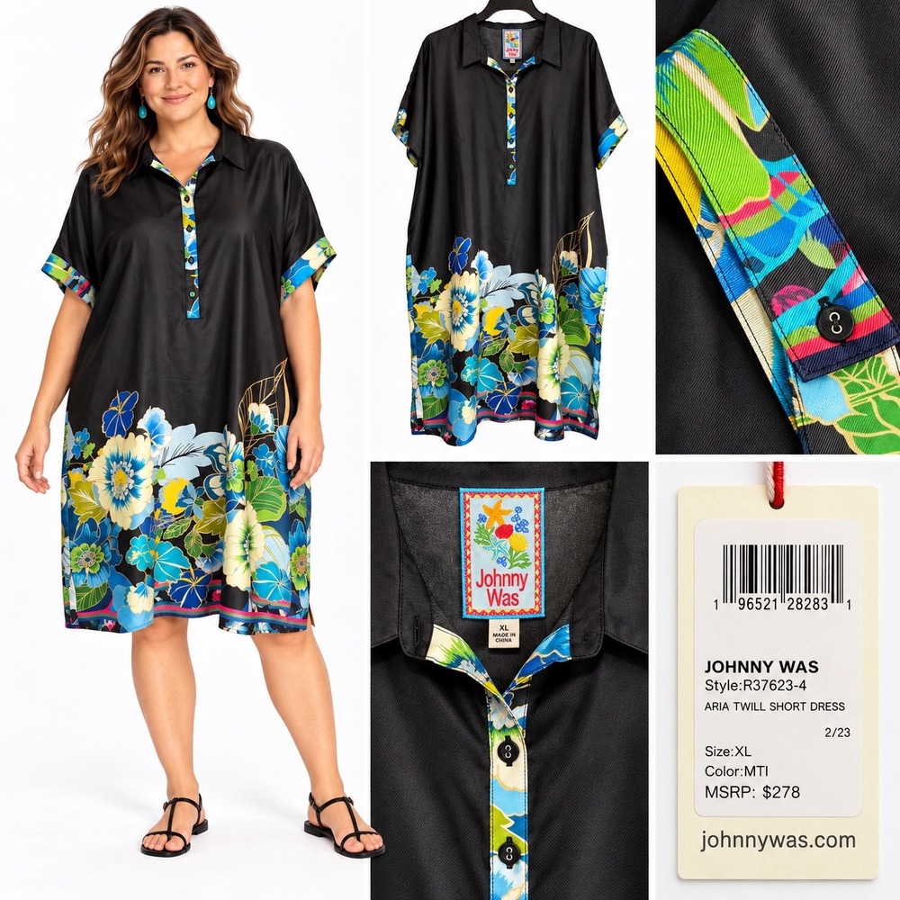 Johnny Was Aria Twill Short Dress 100% Silk Floral Black XL nwt boho resort xxl